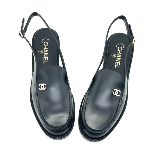 CHANEL REV Crystal CC Logo Leather Slingback Flat Loafers Shoes Sandals - Picture 13 of 16